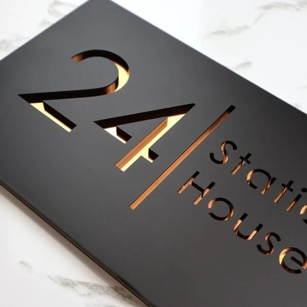 Bellissima H2 Personalised House Sign Black Acrylic Gold Door Plaque